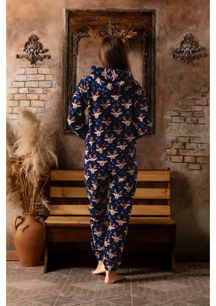 Kadın Kapşonlu Polar Pijama Takım Geyik Desenli