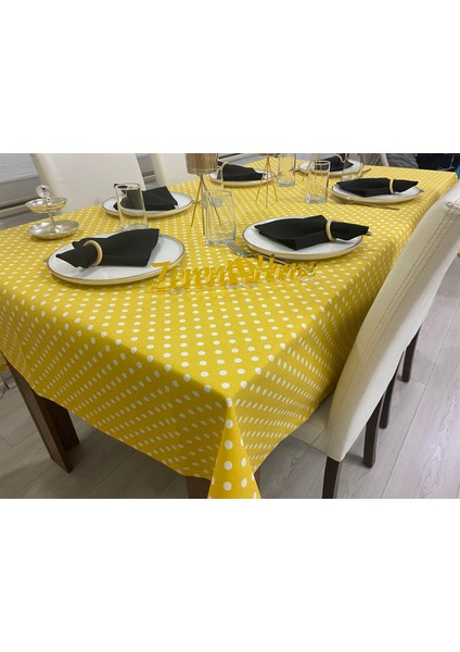 Zere Home Sıvı Geçirmez Puantiyeli Dertsiz Keten Masa Örtüsü Sarı