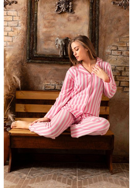 Kadın Polar Gömlek Yaka Boydan Düğme Pijama Takımı