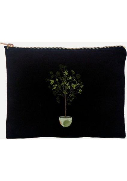 Zeytin Ağacı Desenli %100 Pamuk Siyah Clutch Çanta