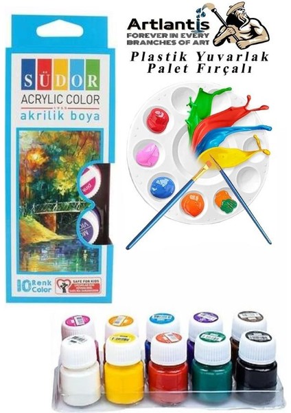 Akrilik Boya 10 Renk 20 ml Şişe 1 Paket 10 Adet Akrilik Boya Seti ve Yuvarlak Resim Paleti