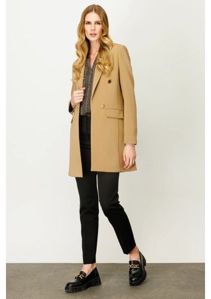 Uzun Kapak Cepli Ceket Camel