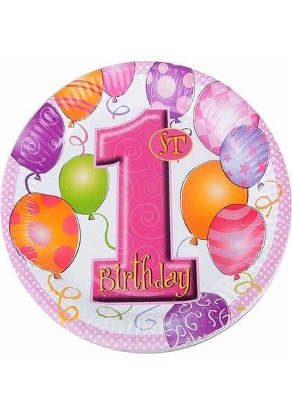 Balonlar 1 Yaş Pembe Karton Tabak