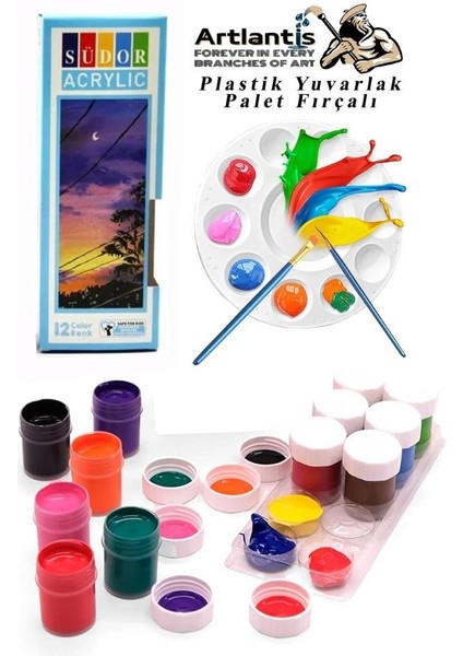 Akrilik Boya 12 Renk 20 ml Şişe 1 Paket 12'li Akrilik Boya Seti ve Yuvarlak Resim Paleti Fırçalı