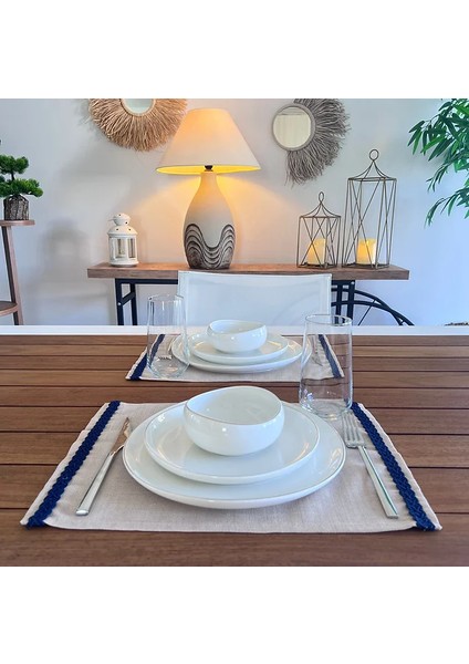 Linen Keten, Jüt Dokulu, Lacivert Şeritli, Bej Renk , Amerikan Servis fırsatları