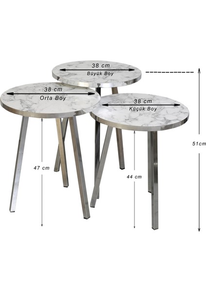 3 LÜ ZİGON SEHPA Vionessa Furniture ROUND COFFE TABLE METAL P20 LEGS COVE SILVER CARRE