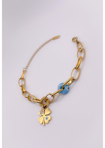 Çelik Bileklik Cam Boncuklu Yonca Bileklik