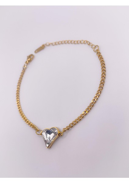 Çelik Bileklik Pırlanta Görünümlü Kalpli Bileklik