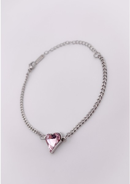 Çelik Bileklik Pembe Pırlanta Görünümlü Kalpli Bileklik