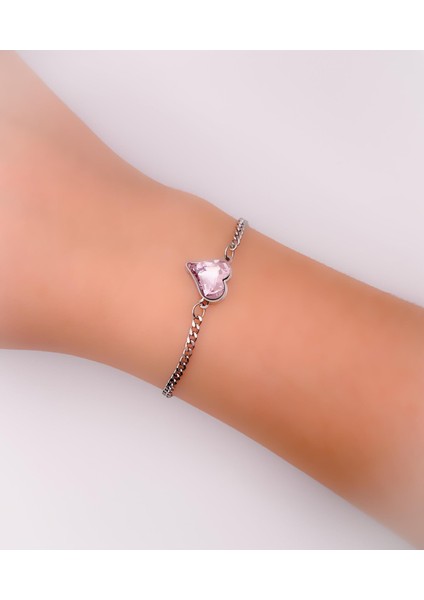 Çelik Bileklik Pembe Pırlanta Görünümlü Kalpli Bileklik fiyatları
