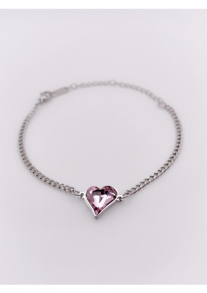 Çelik Bileklik Pembe Pırlanta Görünümlü Kalpli Bileklik modelleri