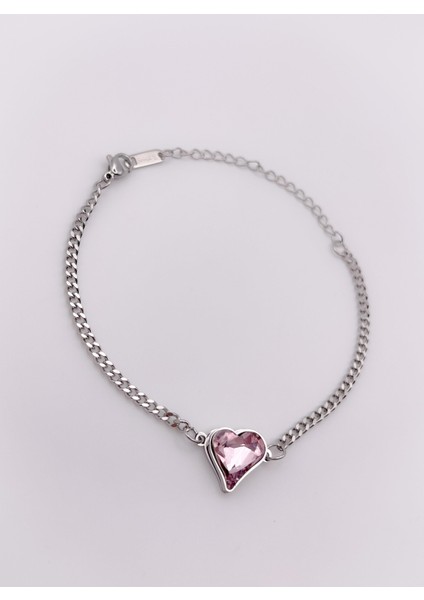 Çelik Bileklik Pembe Pırlanta Görünümlü Kalpli Bileklik fırsatları