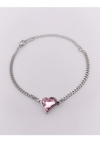 Çelik Bileklik Pembe Pırlanta Görünümlü Kalpli Bileklik indirimleri