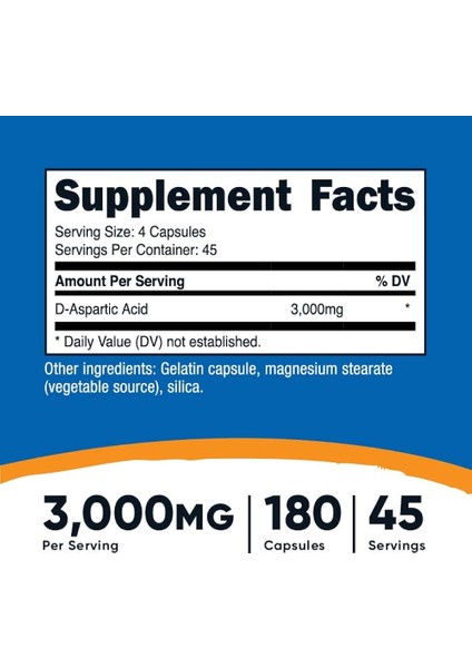 D-Aspartic Acid Daa Kapsül 3000 mg Per Serving 180 Kapsül