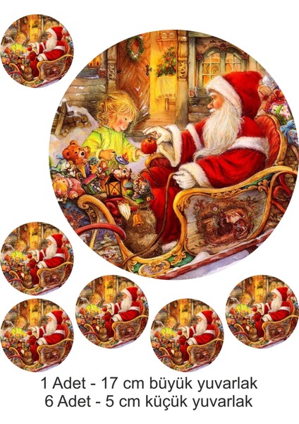 Noel Baba Santa Claus 7 Adet A4 Yenilebilir Süsü Pasta Kurabiye Şeker Hamuru Kağıt Baskısı