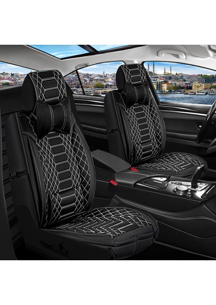 volkswagen Touran Uyumlu Ön Arka 5 Li Set Royale Serisi Oto Koltuk Kılıfı Siyah Beyaz Renk