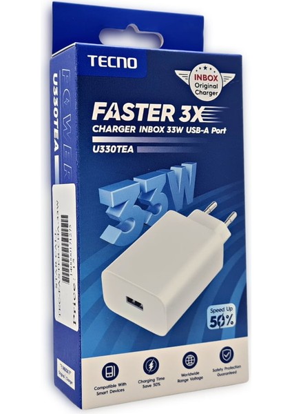 Tecno Yeni Nesil 33W Usba Süper Hızlı Şarj Cihazı Beyaz U330TEA