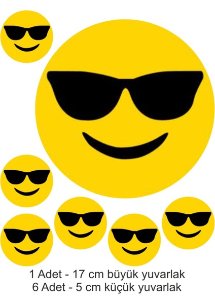 Gözlüklü Sırıtan Yüz Emoji 7 Adet A4 Yenilebilir Süsü Pasta Kurabiye Şeker Hamuru Kağıt Baskısı