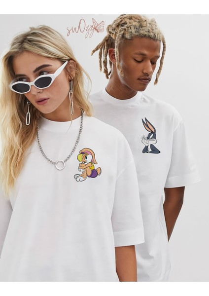 Bugs Buny & Lola Buny Baskılı Sevgili Kombini Çift Tshirt Beyaz 2'li