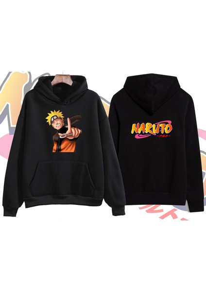 Anime Naruto Ön ve Arka Baskılı Siyah Sweatshirt Hoodie