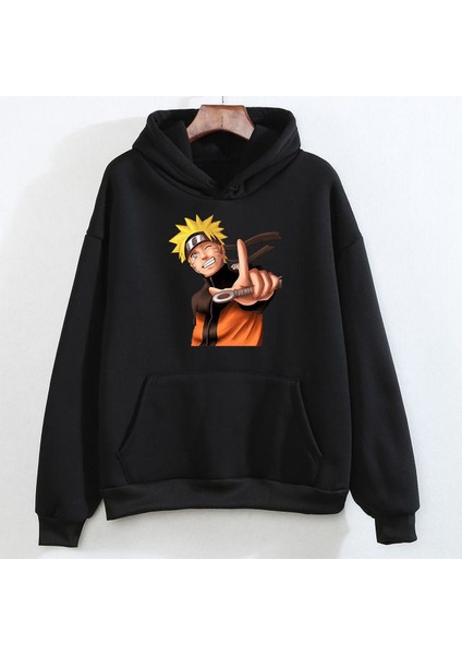 Anime Naruto Ön ve Arka Baskılı Siyah Sweatshirt Hoodie