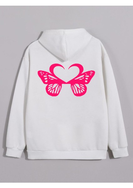 Motive Butterfly Baskılı Özel Tasarım Beyaz 3 Iplik Şardonlu Sweatshirt Hoodie