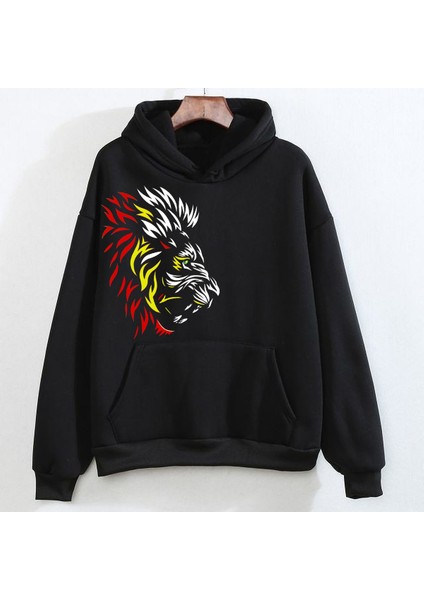 Unısex Aslan Yelesi Tasarımlı Siyah Sweathirt Hoodie