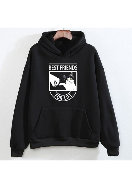 Best Frıends Cat Baskılı Siyah Sweatshirt Hoodie