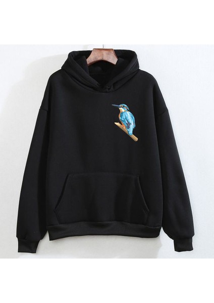 Mavi Kuş Baskılı Siyah Unısex Sweatshirt