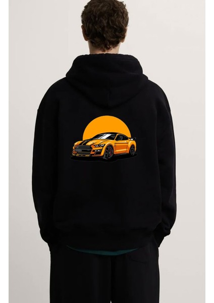 Mustang Ön Arka Baskılı Özel Tasarım Siyah Sweatshirt Hoodie