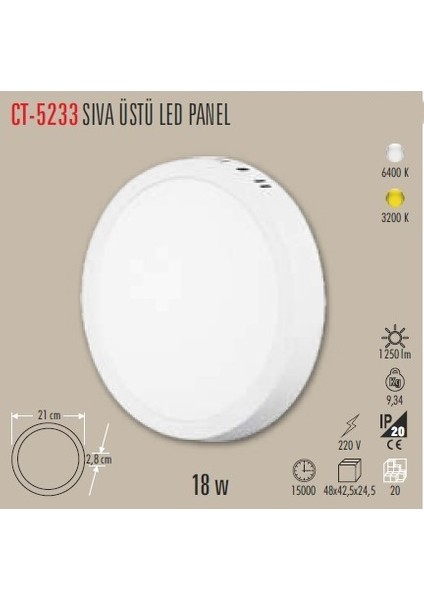 5 Adet Ct 5233 Beyaz Kasa 18 W Sıva Üstü LED Spot Günışığı 3200K fırsatları