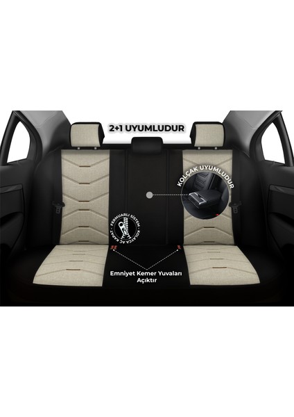 Verita Elegance Serisi - Honda Civic ile Uyumlu Koltuk Kılıfı, Keten-Deri / Krem
