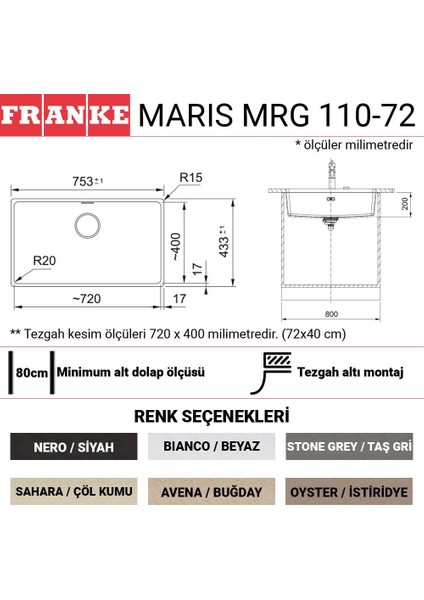 Mrg 110-72 Granit Evye, Bianco, Tezgahaltı, Tek Hazne, 72X40 cm