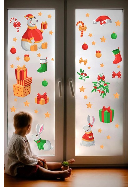 Yeni Yıl Merry Christmas Özel Kesimli Cam Duvar Kapı Sticker Setleri - Yılbaşı Seti