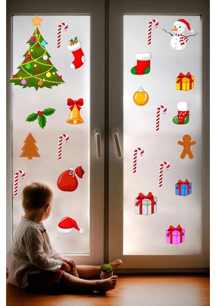 Yeni Yıl Merry Christmas Özel Kesimli Cam Duvar Kapı Sticker Setleri - Yılbaşı Seti