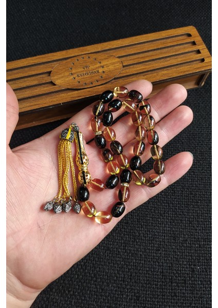 9X11 mm Sarı Siyah Ateşi Kehribar Tesbih Telkari Imame Püskül Kombinli Tespih Ahşap Kutulu Mesajlı