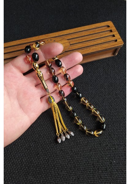 9X11 mm Sarı Siyah Ateşi Kehribar Tesbih Telkari Imame Püskül Kombinli Tespih Ahşap Kutulu Mesajlı fiyatları