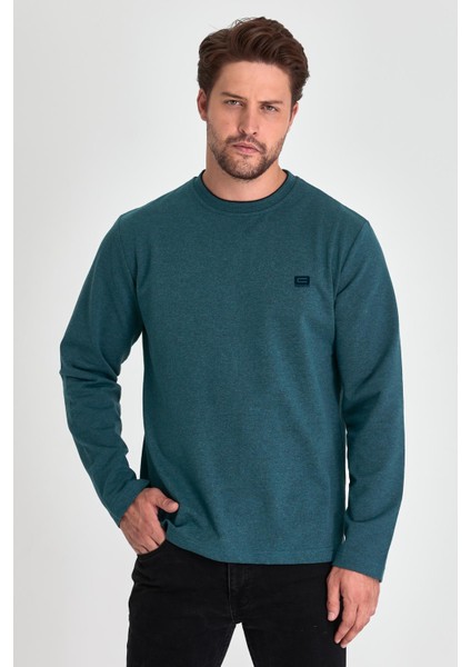 Erkek Petrol Çift Bisiklet Yaka Baskı Detaylı Standart Rahat Kesim Sweatshirt