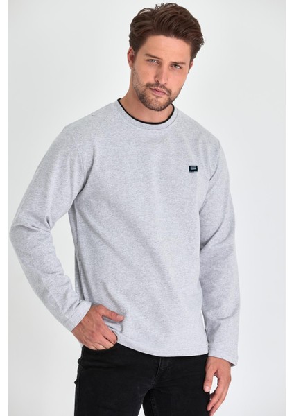 Erkek Gri Çift Bisiklet Yaka Baskı Detaylı Standart Rahat Kesim Sweatshirt