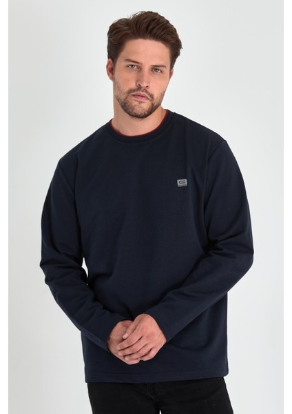 Erkek Lacivert Çift Bisiklet Yaka Baskı Detaylı Standart Rahat Kesim Sweatshirt