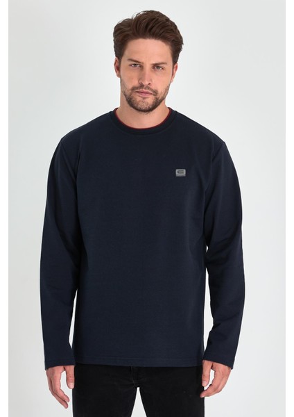 Erkek Lacivert Çift Bisiklet Yaka Baskı Detaylı Standart Rahat Kesim Sweatshirt fiyatları