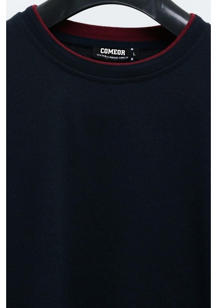 Erkek Lacivert Çift Bisiklet Yaka Baskı Detaylı Standart Rahat Kesim Sweatshirt fırsatları