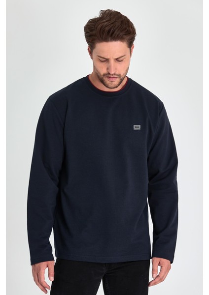 Erkek Lacivert Çift Bisiklet Yaka Baskı Detaylı Standart Rahat Kesim Sweatshirt indirimleri