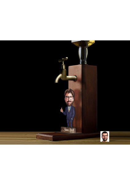 Gift Kişiye Özel Patron Baba Karikatürlü Musluklu Ahşap Viski Standı-11, Viski Çeşmesi, Doğum Günü Hediyesi, Içecek Dispenseri