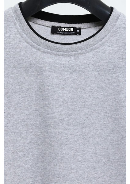 Erkek Gri Çift Bisiklet Yaka Baskı Detaylı Standart Rahat Kesim Sweatshirt