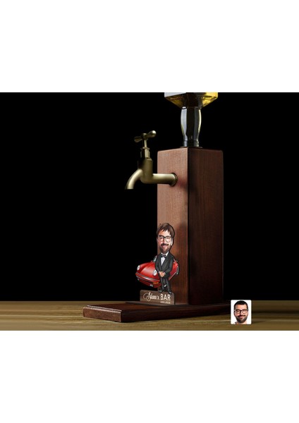Gift Kişiye Özel Patron Baba Karikatürlü Musluklu Ahşap Viski Standı-9, Viski Çeşmesi, Doğum Günü Hediyesi, Içecek Dispenseri