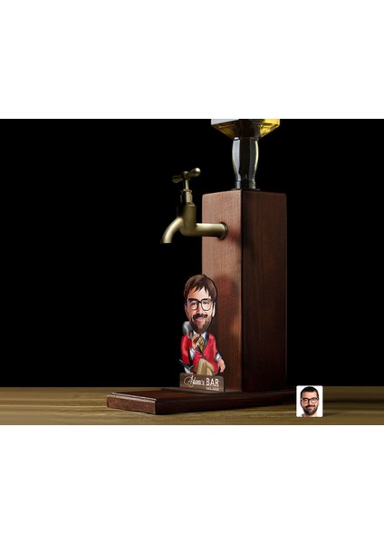 Gift Kişiye Özel Patron Baba Karikatürlü Musluklu Ahşap Viski Standı-4, Viski Çeşmesi, Doğum Günü Hediyesi, Içecek Dispenseri