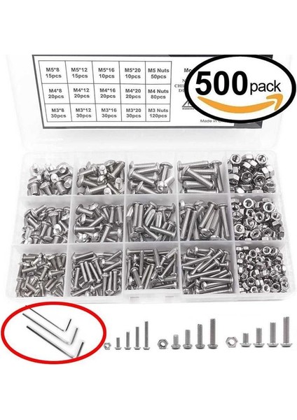 Vida ve Somun Kiti, Makine Vidası ve Somun Kiti, 500 Adet M3 M4 M5 Paslanmaz Çelik Düğme Başlı Altıgen Soket Başlı Cıvata Somunlu Vidalar Çeşitler Kiti + Anahtar (Yurt Dışından)
