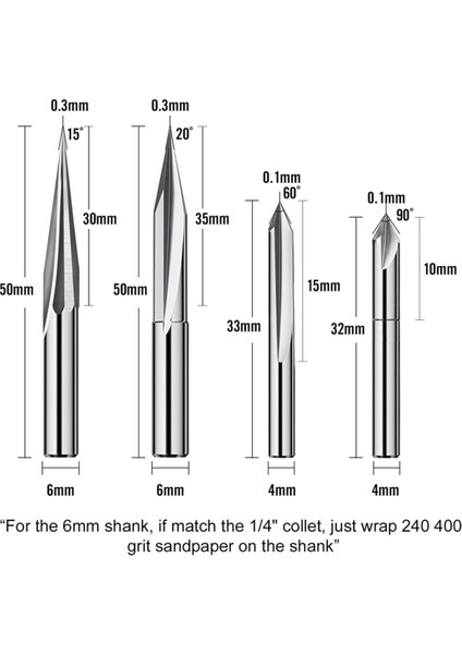 Guangdong Spirit Cnc Freze Uçları Seti 1/4 Şaft, Gravür Ahşap Oyma Freze Ucu 6mm ve 4mm, V-Oluk, Profil Ucu, Tungsten Çelik - 4pcs (Yurt Dışından)