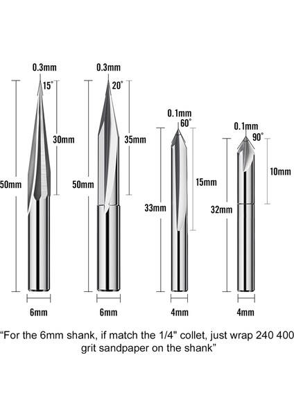 Guangdong Spirit Cnc Freze Uçları Seti 1/4 Şaft, Gravür Ahşap Oyma Freze Ucu 6mm ve 4mm, V-Oluk, Profil Ucu, Tungsten Çelik - 4pcs (Yurt Dışından)